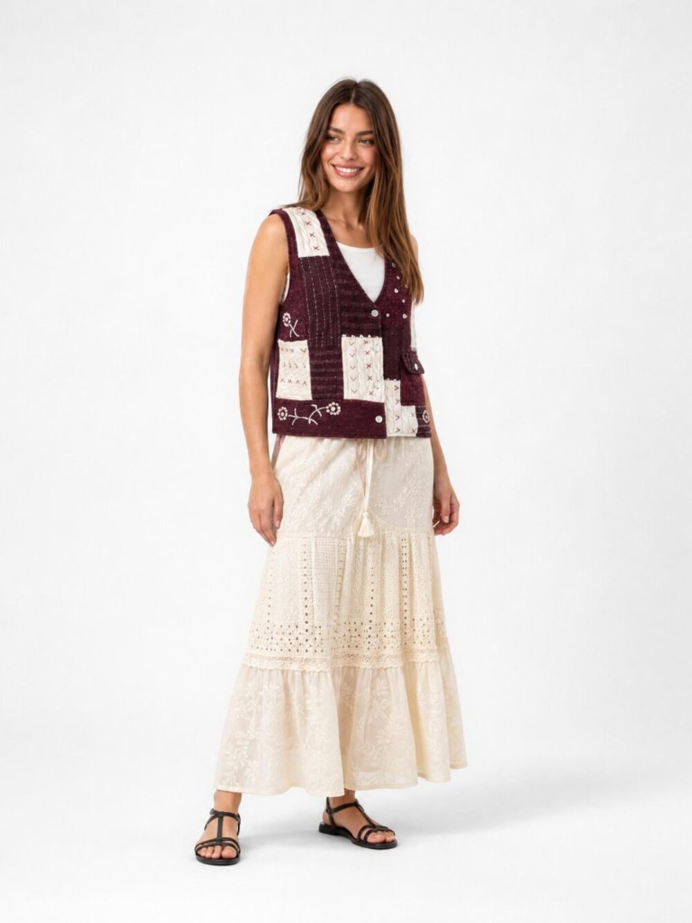 NWT Vintage Tantrum Maroon Cream Wool Patchwork Vest XL Y2K Grandmacore